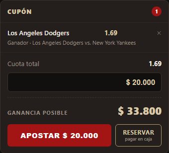 Cupón con una apuesta armada: la selección, la cuota total, el importe y la
                      ganancia posible, con los botones de apostar y de reservar para pagar en caja.