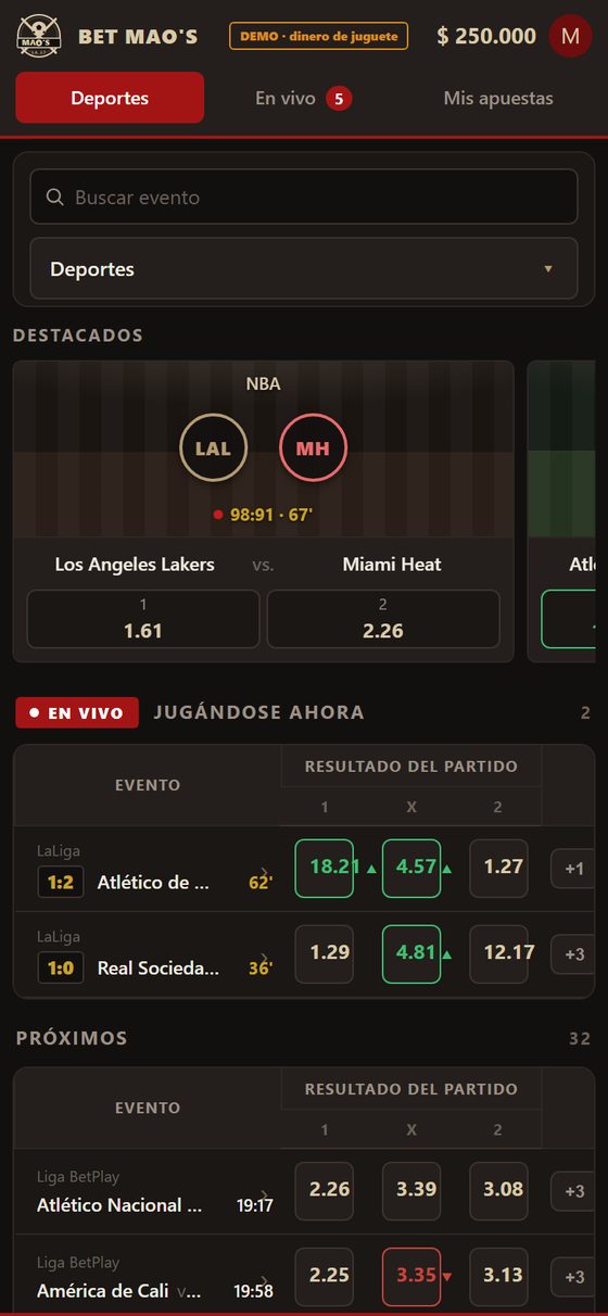 BET MAO'S en el teléfono: buscador, partidos destacados y la parrilla de
                      cuotas en una sola columna.