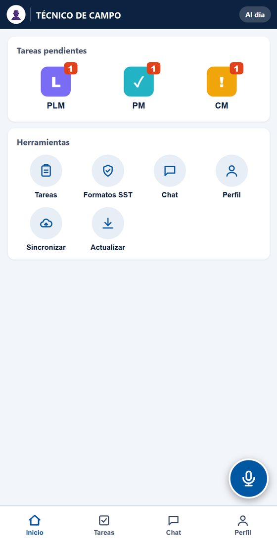 Pantalla de inicio de la aplicación de campo: las tareas pendientes del día
                    agrupadas en tres clases, y los accesos a tareas, formatos de seguridad,
                    chat, perfil y sincronización.