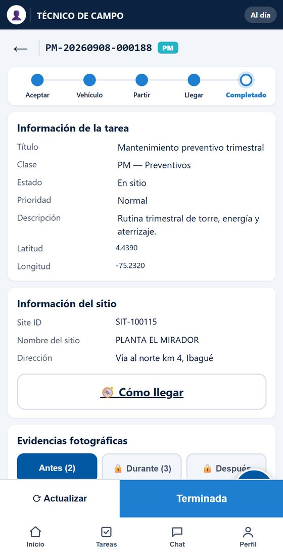 Una orden abierta paso a paso: aceptar, vehículo, partir, llegar y
                    completar; con los datos de la tarea, los del sitio y las evidencias
                    fotográficas separadas en antes, durante y después.