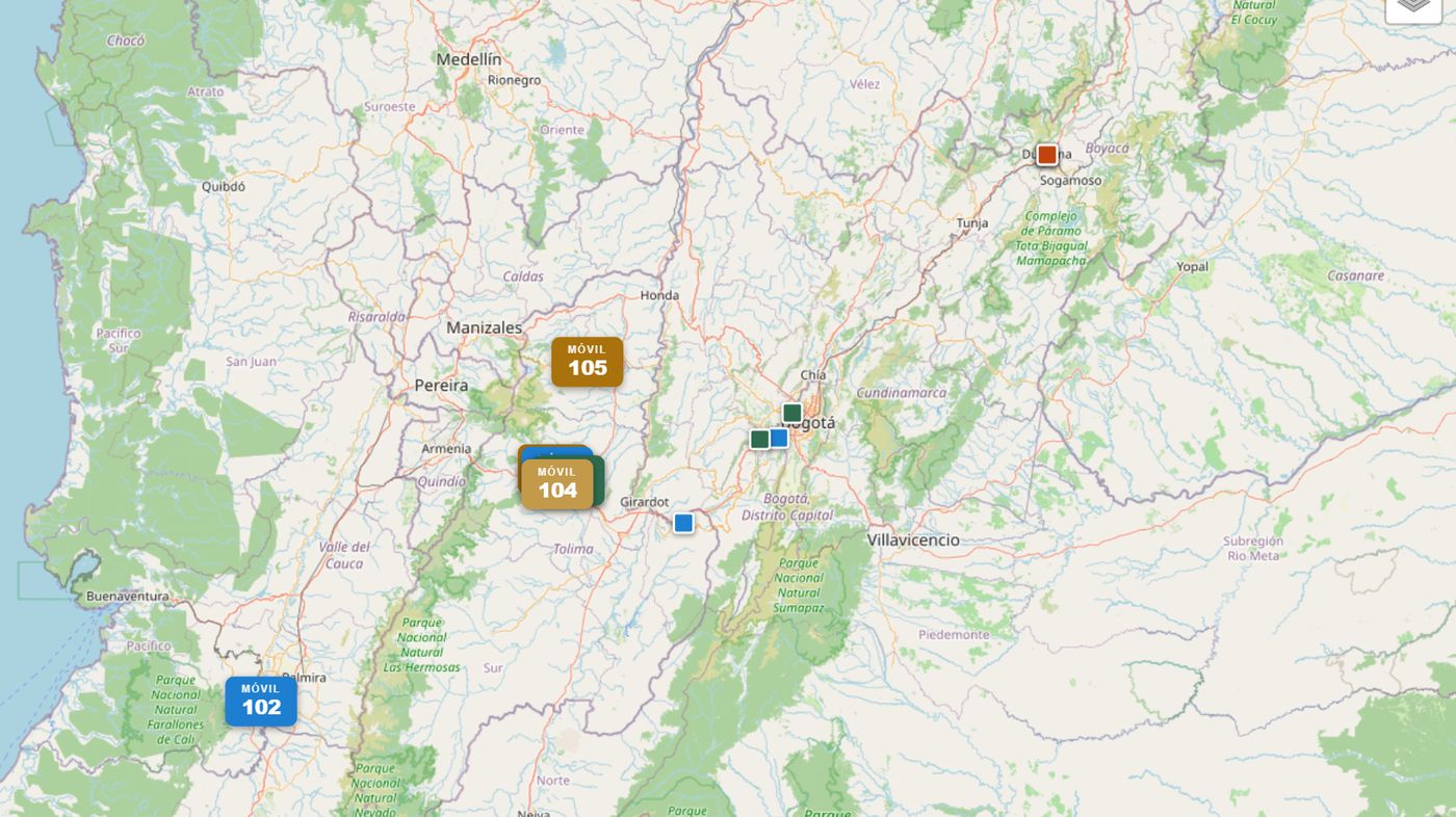 Mapa del centro de control con la posición de cada cuadrilla sobre el mapa
                  de Colombia, entre Cali, Bogotá y Sogamoso, cada una con su número de móvil.