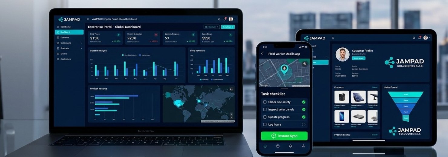Un portatil, un telefono y una tableta mostrando el tablero de operacion,
                  la aplicacion de campo y la ficha de un cliente del mismo sistema.