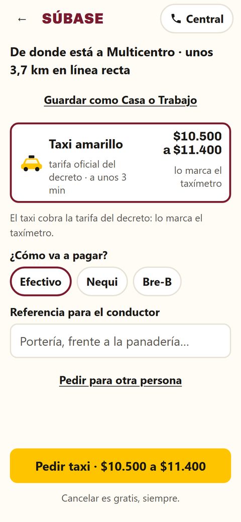 App del pasajero: el precio del taxi a Multicentro, de 10.500 a 11.400 pesos
                    según la tarifa oficial del decreto, antes de pedir.