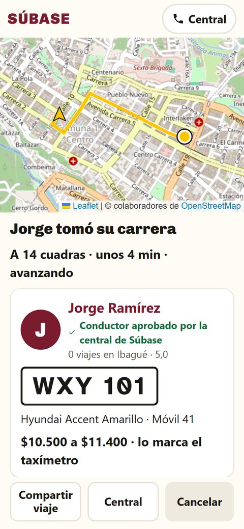 App del pasajero: el mapa de Ibagué con el taxi acercándose, el nombre del
                    conductor, la placa del carro y el número de móvil.